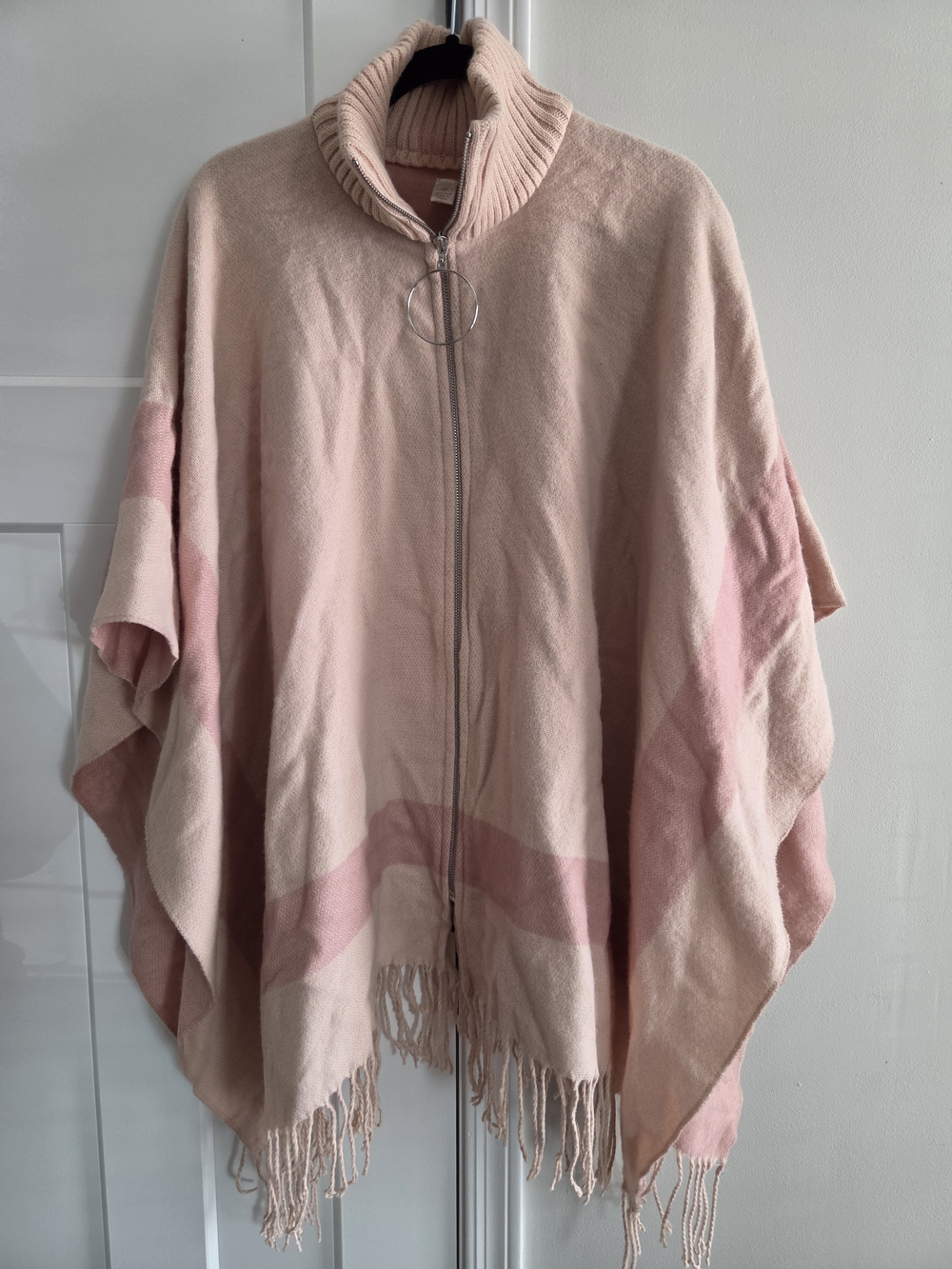 Cato Blush Pink Zip-Front Poncho with Fringe One Size